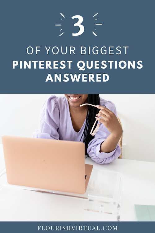 Woman holding glasses and looking at a laptop. Text overlay reads "3 of your biggest Pinterest questions answered"