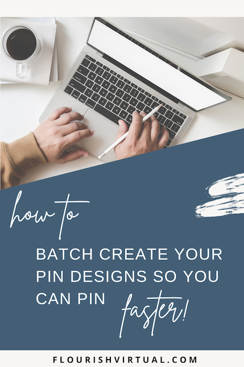 Hands typing on laptop with pencil in hand. Text overlay that reads "How to batch create your pin designs so you can pin faster."