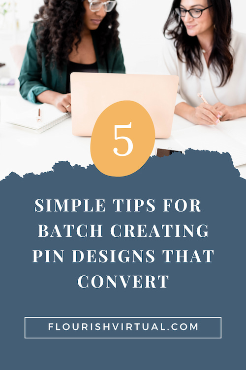 Two women sitting in front of a laptop with text overlay that talks about how to batch create your pin designs