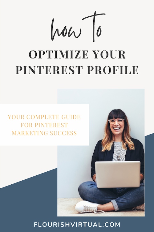 Smiling woman with glasses and bangs, sitting on the ground with a laptop in her lap. Text overlay reads "How to optimize your Pinterest profile"