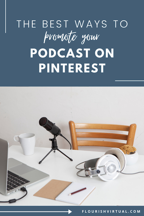 Empty desk with podcast microphone, headphones, and laptop.